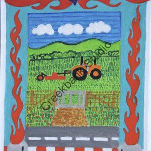 #32022 land scape with a tractor and flaming toasters